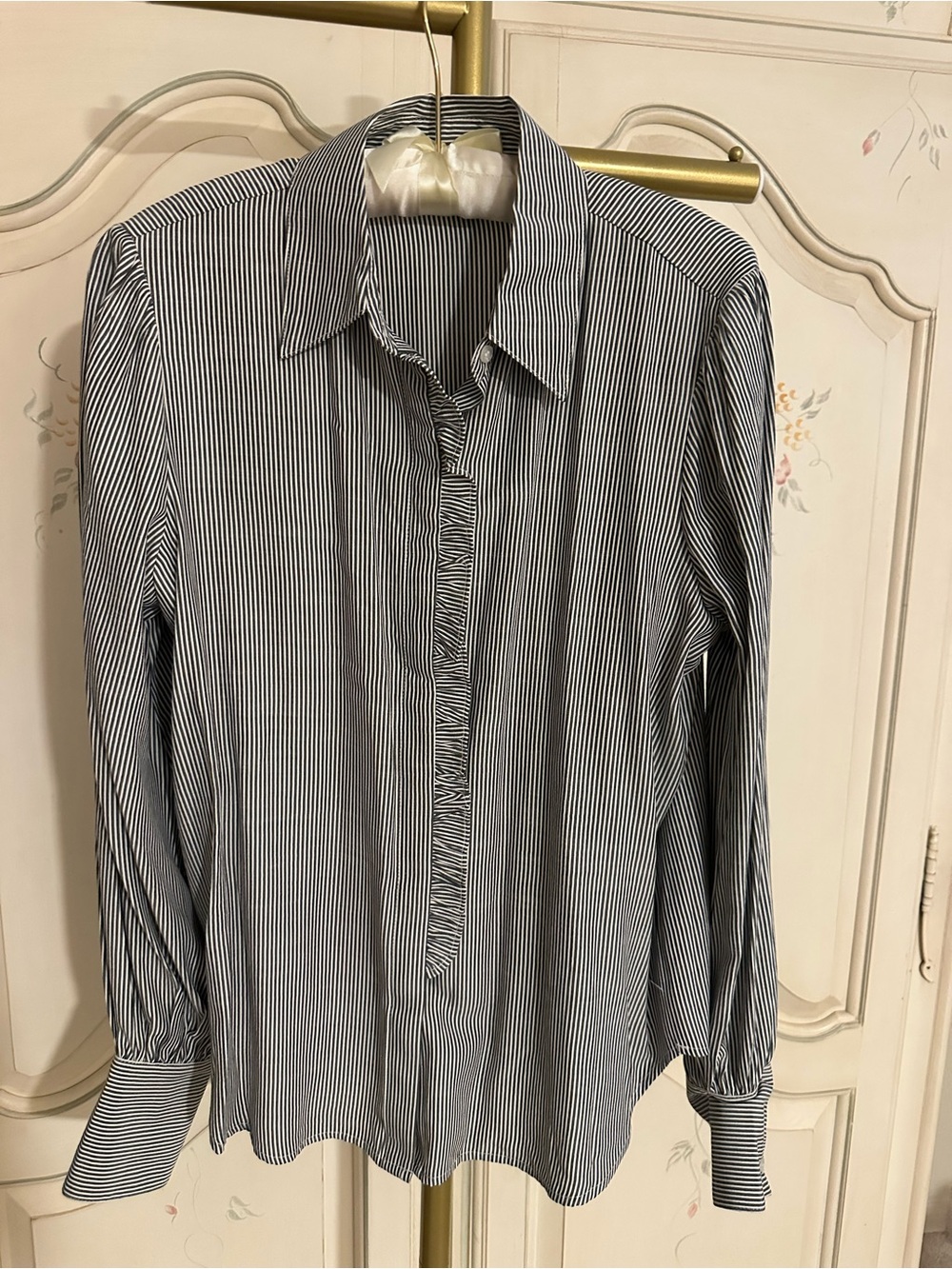 Classic Women’s Black and White Pinstripe Ruffle Front Shirt